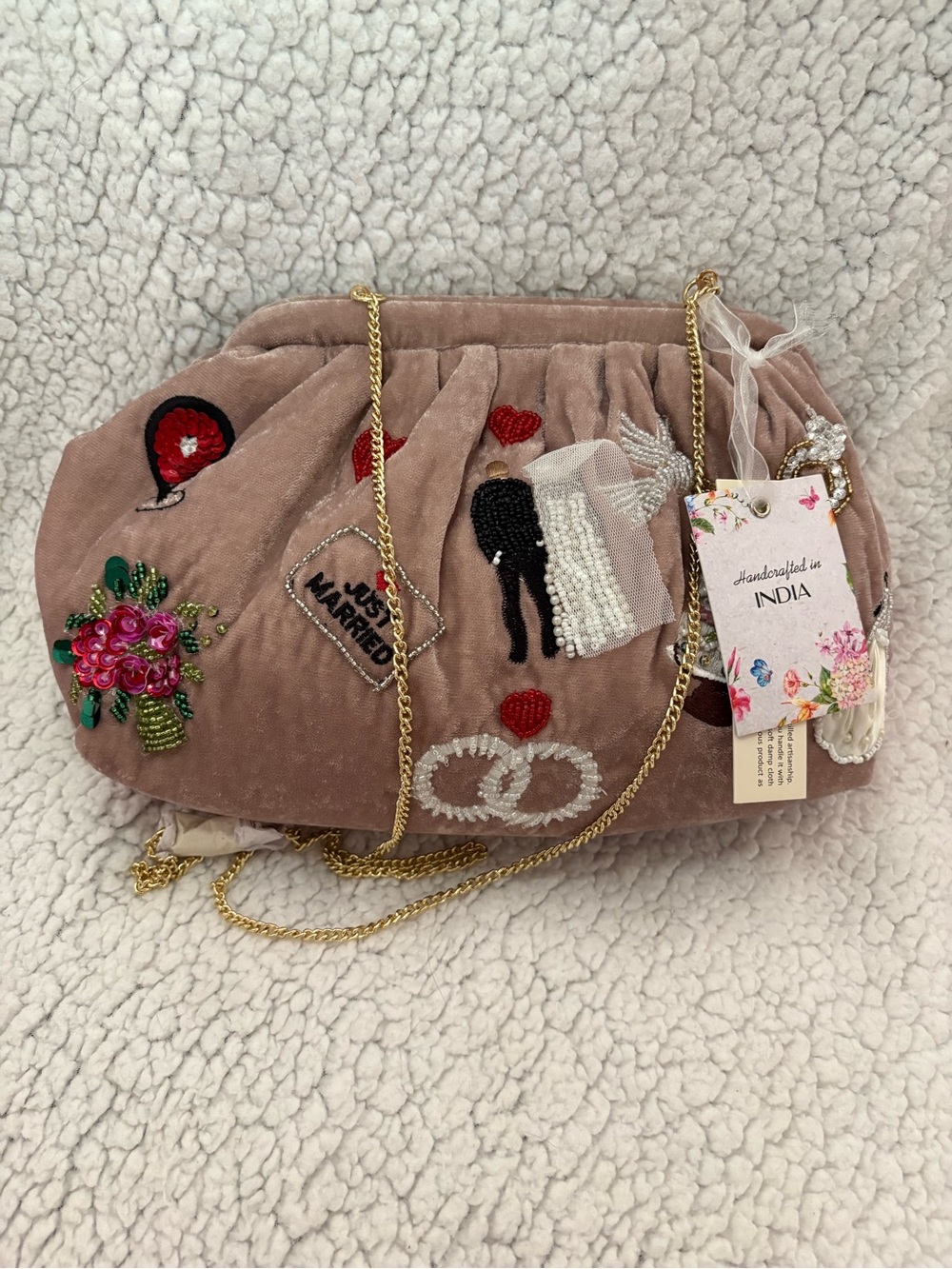 Just Married Viral Made in India Embellished Pink Velvet Bridal Clutch